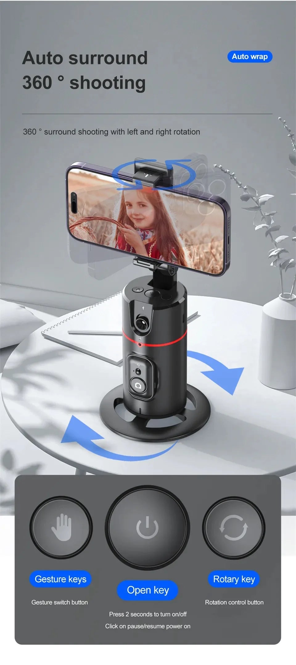 Bastão de selfie com IA para rastreamento facial com rotação de 360 graus