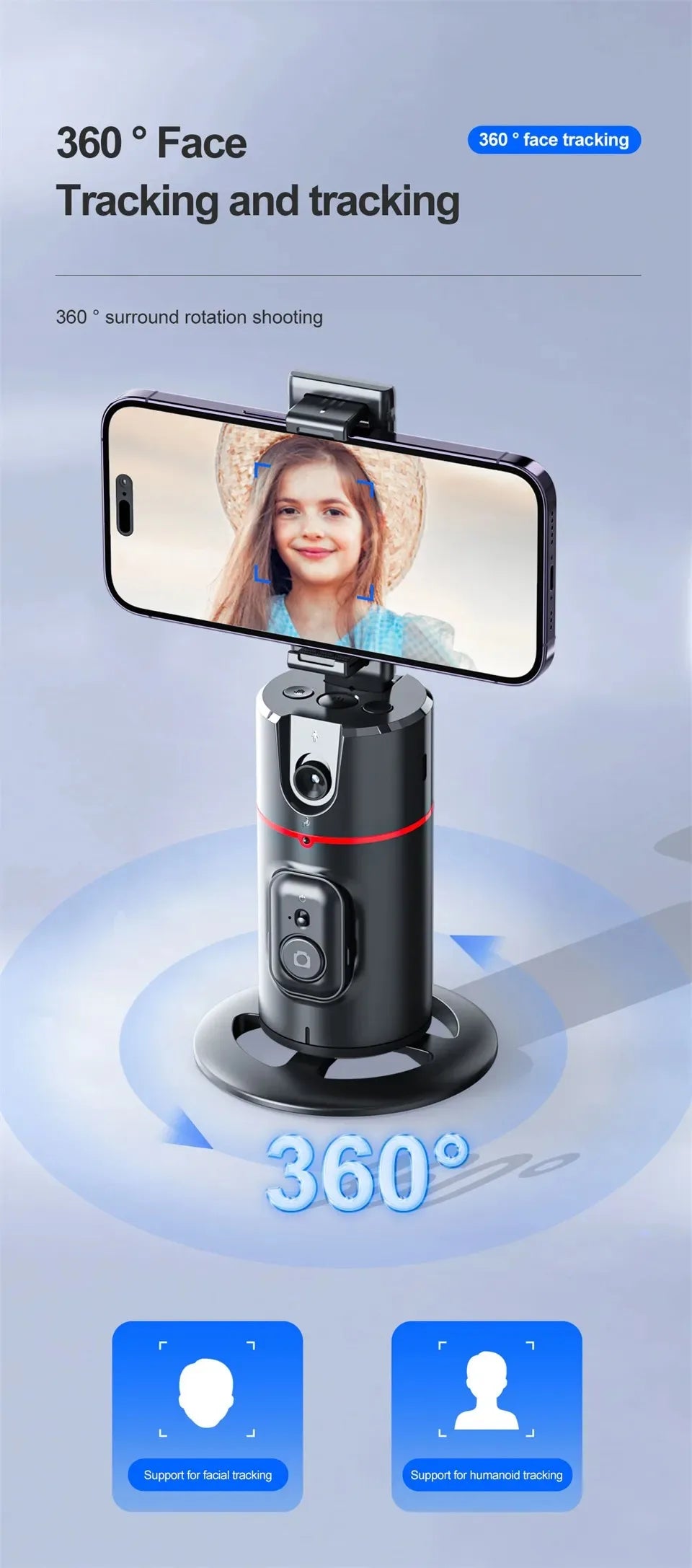 Bastão de selfie com IA para rastreamento facial com rotação de 360 graus
