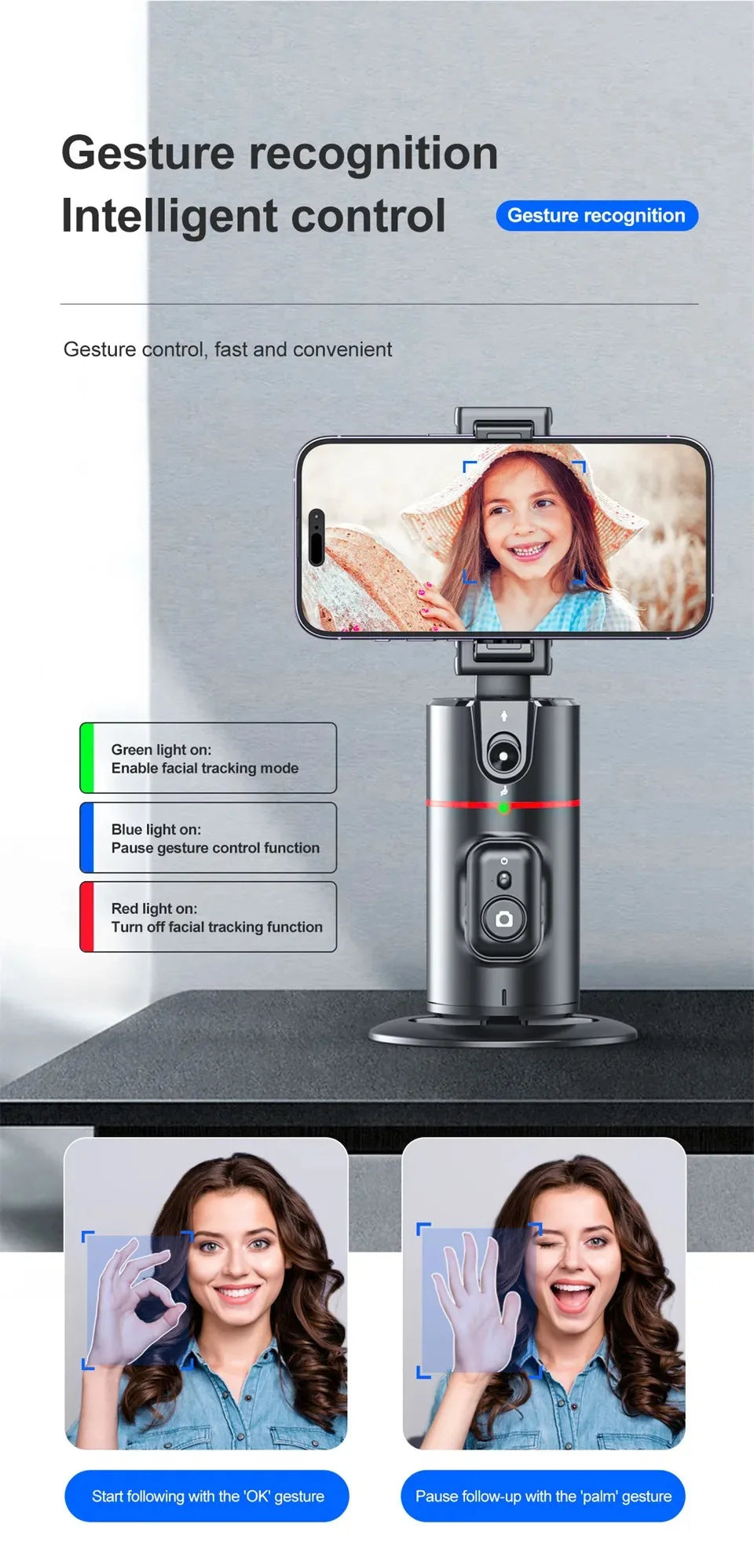Bastão de selfie com IA para rastreamento facial com rotação de 360 graus