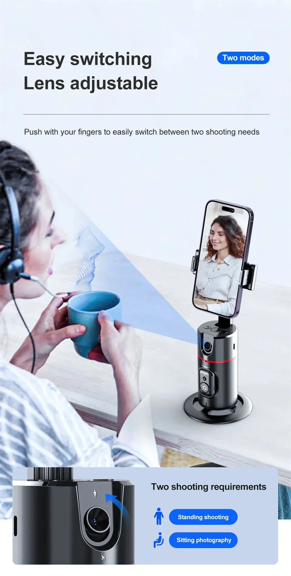 Bastão de selfie com IA para rastreamento facial com rotação de 360 graus